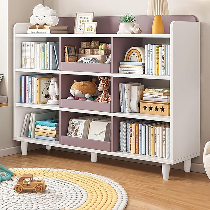 Wooden Cube Bookcase with Legs - 3-Tier Open Shelf Kidsroom Cabinet Organizer Sorted Storage for Toys and Books, 9-Cube Lattice Cute Cubby Bookshelf, White Mixed Mocha Brown, 55" W - LeafyLoom