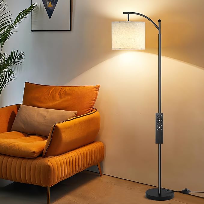 Floor Lamp for Living Room with 4 Color Temperatures, Standing Lamp with Adjustable Linen Shade， Remote Control and Stepless Dimmable tall lamp for Bedroom, Office，9W Bulb Included（Black） - LeafyLoom