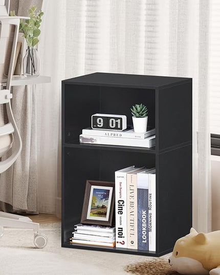 YAHARBO 2 Cube Bookshelf, Black Record Player Stand with Vinyl Storage Up to 100 Albums, Horizontal Book Shelf, Small Cubby Bookcase with Storage Organizer, Turntable Stand for Living Room, Bedroom - LeafyLoom