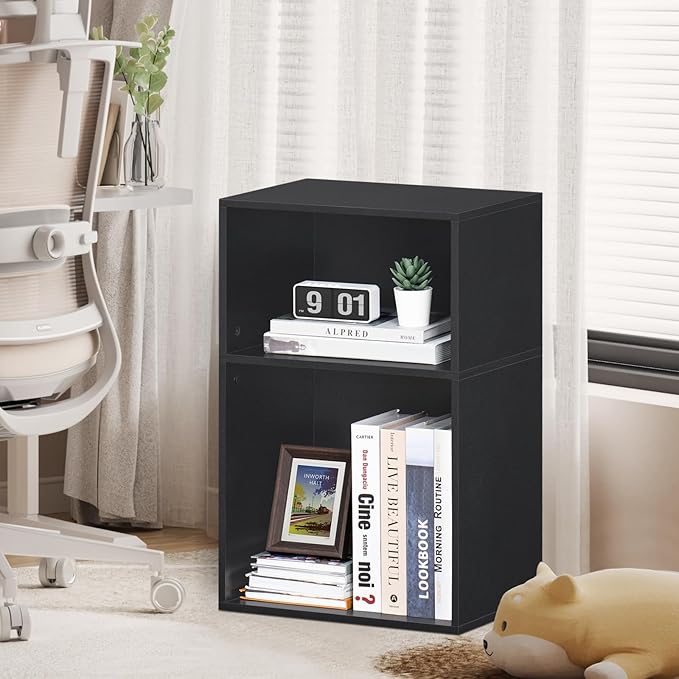 YAHARBO 2 Cube Bookshelf, Black Record Player Stand with Vinyl Storage Up to 100 Albums, Horizontal Book Shelf, Small Cubby Bookcase with Storage Organizer, Turntable Stand for Living Room, Bedroom - LeafyLoom
