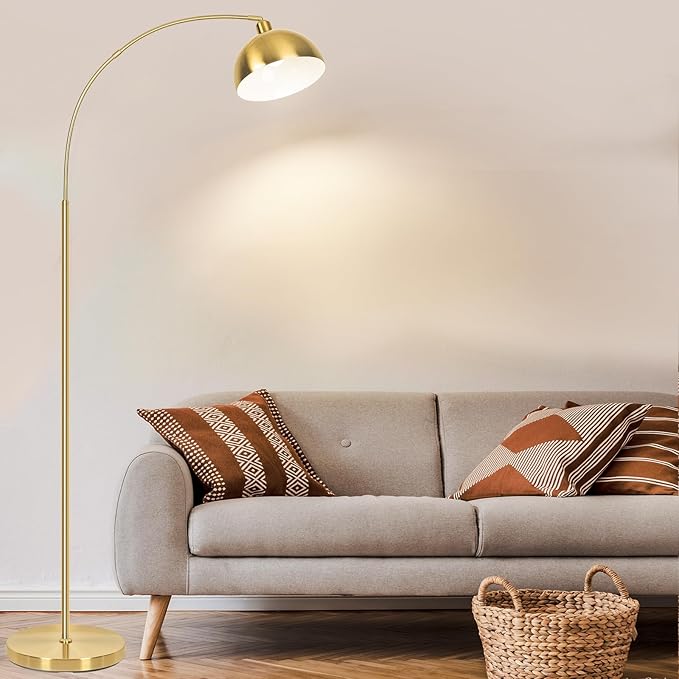 【Upgraded】 Arc Floor Lamps for Living Room - Stepless Dimmable Gold Tall Lamp with Remote Control & Color Temperature 9W LED Bulb, Over Couch Arched Reading Standing Lamp for Bedroom Brass - LeafyLoom