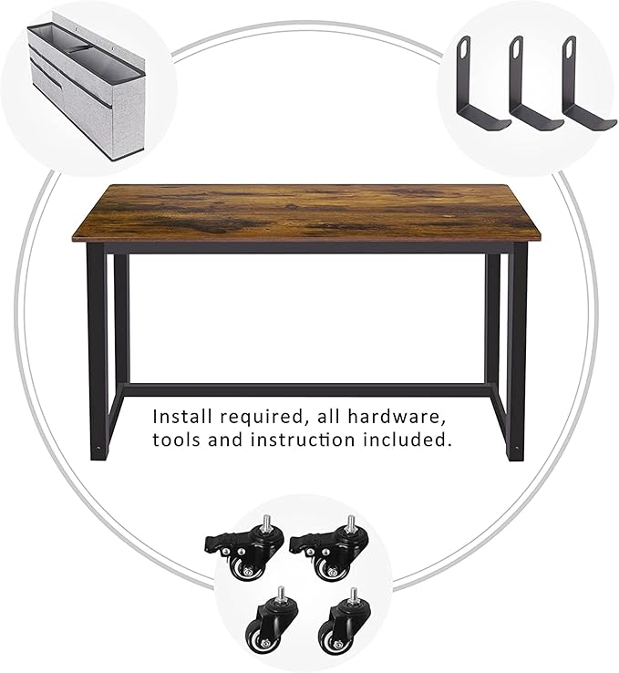 AHB 47" Rolling Computer Desk with 4 Smooth Wheels and 3 Iron Hooks, Simple Style Mobile Writing Desk Home Office Study Table Movable Workstation with Metal Frame - LeafyLoom