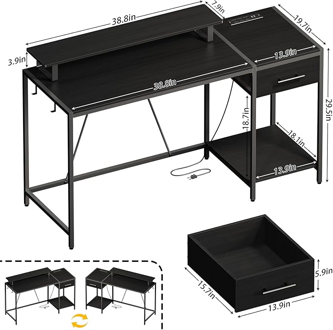 Gaming Desk with Led Light & Power Outlets, 55" Computer Desk with Wooden Drawers and Monitor Stand, Office Desk with Shelves and 2 Headphone Hooks, Work Desk for Home Office,Black - LeafyLoom