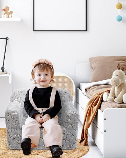 ALIMORDEN Kids Ultra-Soft Snuggle Foam Filled Chair, Glow-in-The-Dark Dinosaurs Fossil Pattern Toddler Cuddly Sherpa Reading Couch for Boys and Girls - LeafyLoom