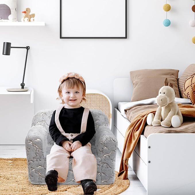 ALIMORDEN Kids Ultra-Soft Snuggle Foam Filled Chair, Glow-in-The-Dark Dinosaurs Fossil Pattern Toddler Cuddly Sherpa Reading Couch for Boys and Girls - LeafyLoom