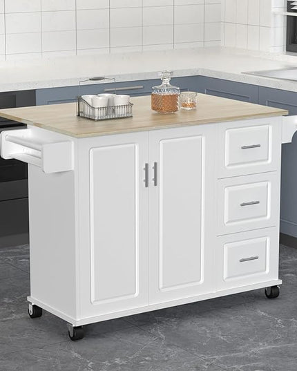 54" Large Kitchen Island Cart with Drop Leaf, Kitchen Island with Storage, Rolling Kitchen Island with Inside Cabinet, 3 Drawers, Spice Rack, Towel Rack and Wood Tabletop(White) - LeafyLoom