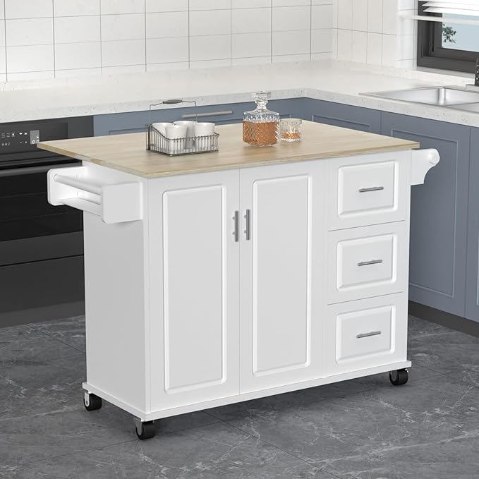 54" Large Kitchen Island Cart with Drop Leaf, Kitchen Island with Storage, Rolling Kitchen Island with Inside Cabinet, 3 Drawers, Spice Rack, Towel Rack and Wood Tabletop(White) - LeafyLoom
