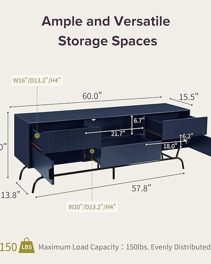24/7 Shop at Home Quin Modern TV Stand with Storage Drawers, Media Console Cabinet, Entertainment Center for 65 inch Television, Unique Living Room Furniture, Indigo - LeafyLoom