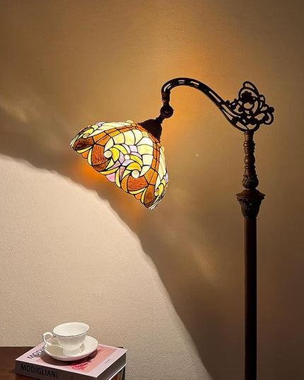 Tiffany Reading Floor Lamp,Stained Glass Gooseneck Floor Light for Reading,Antique Style Arched Tall Standing Lamp for Living Room Bedroom and Office - LeafyLoom