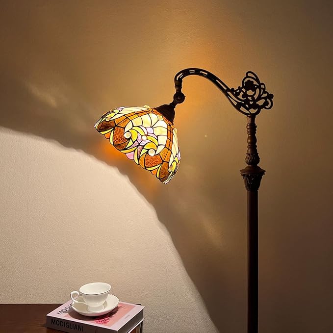 Tiffany Reading Floor Lamp,Stained Glass Gooseneck Floor Light for Reading,Antique Style Arched Tall Standing Lamp for Living Room Bedroom and Office - LeafyLoom