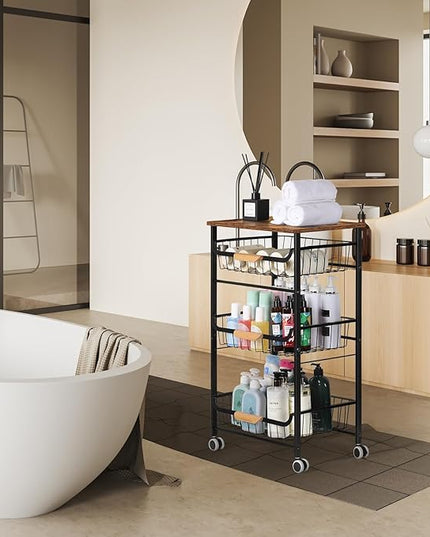 HEOMU 4 Tier Rolling Kitchen Storage Cart, Metal Microwave Stand Kitchen Island Cart on Wheels with Storage for Kitchen, Bathroom, Living Room, Bar, Office, Rustic Brown - LeafyLoom