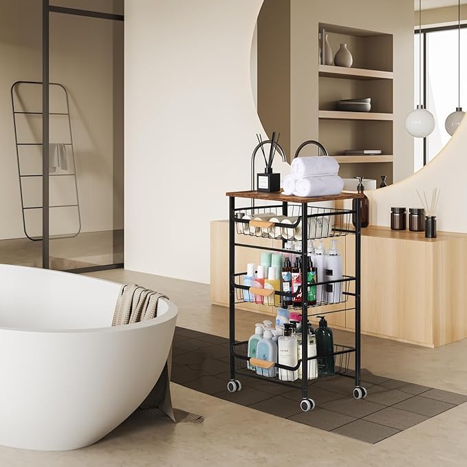 HEOMU 4 Tier Rolling Kitchen Storage Cart, Metal Microwave Stand Kitchen Island Cart on Wheels with Storage for Kitchen, Bathroom, Living Room, Bar, Office, Rustic Brown - LeafyLoom
