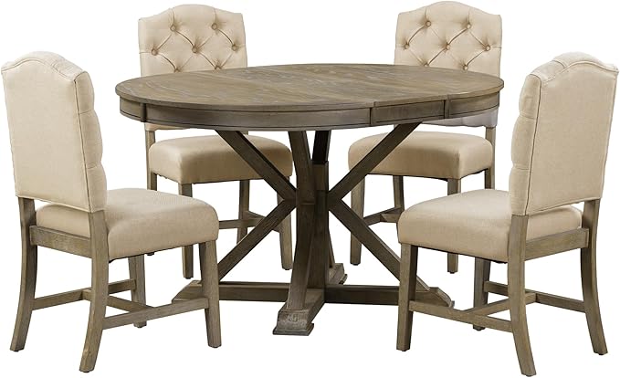 5-Piece Retro Style Dinette Sets with Round Extendable Kitchen Dining Table, 4 Upholstered Chairs, for Diningroom Living Room, Easy to Assemble, Natural Wood Wash 2 - LeafyLoom
