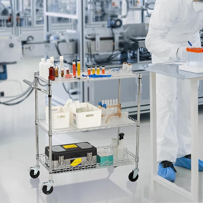 VEVOR Kitchen Utility Cart, 3 Tiers, Wire Rolling Cart with 661 LBS Capacity, Steel Service Cart on Wheels, Metal Storage Trolley with 80 mm Deep Basket Curved Handle PP Liner 6 Hooks, NSF Listed - LeafyLoom