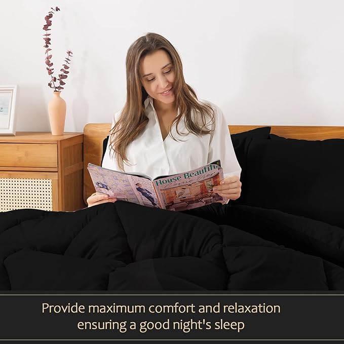 WhatsBedding Black Twin Comforter Set, Lightweight All Season Soft Down Alternative Bed Comforter, Bedding Set with 1 Pillowcases, Twin Size, 64"x88" - LeafyLoom
