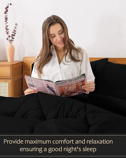 WhatsBedding Black Queen Comforter Set, Lightweight All Season Soft Down Alternative Bed Comforter, 3 Pieces Bedding Set with 2 Pillowcases, Queen Size, 88"x90" - LeafyLoom