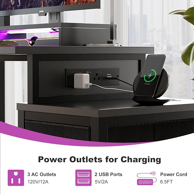 Small Gaming Desk with 2 Fabric Drawers - Reversible Computer Desk with Power Outlet & LED Lights, 49" Office Desk with Monitor Stand & Storage Shelves, Writing Study Table with Pegboard, Black - LeafyLoom