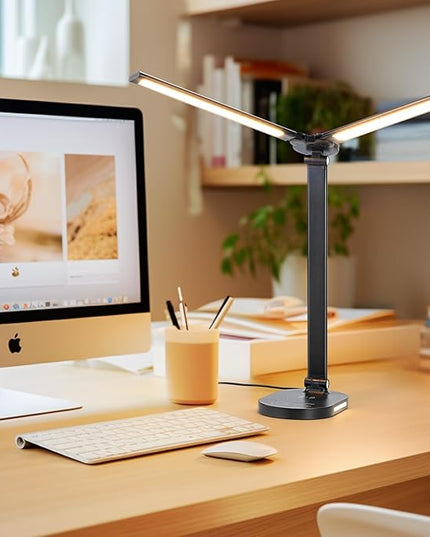 Lightess LED Desk Lamp with Wireless Charger, USB Charging Port, Adjustable Foldable Dual Swing Arm Desk Light Dimmable Eye-Caring Desk Lamp, Touch Control, Home Office Desk Lights for Work Study - LeafyLoom