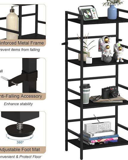 DOMYDEVM 4 Tier Black Bookshelf, 40.95in(H) Standing Shelf Unit, Wood Bookshelf with Metal Frame for Bedroom, Home Office, Entry Way and Living Room, Modern - LeafyLoom