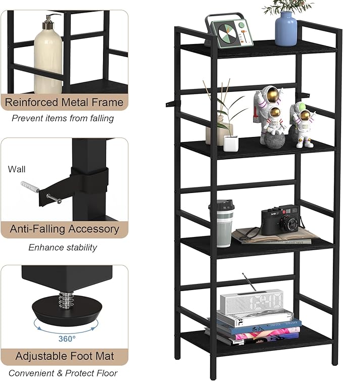DOMYDEVM 4 Tier Black Bookshelf, 40.95in(H) Standing Shelf Unit, Wood Bookshelf with Metal Frame for Bedroom, Home Office, Entry Way and Living Room, Modern - LeafyLoom