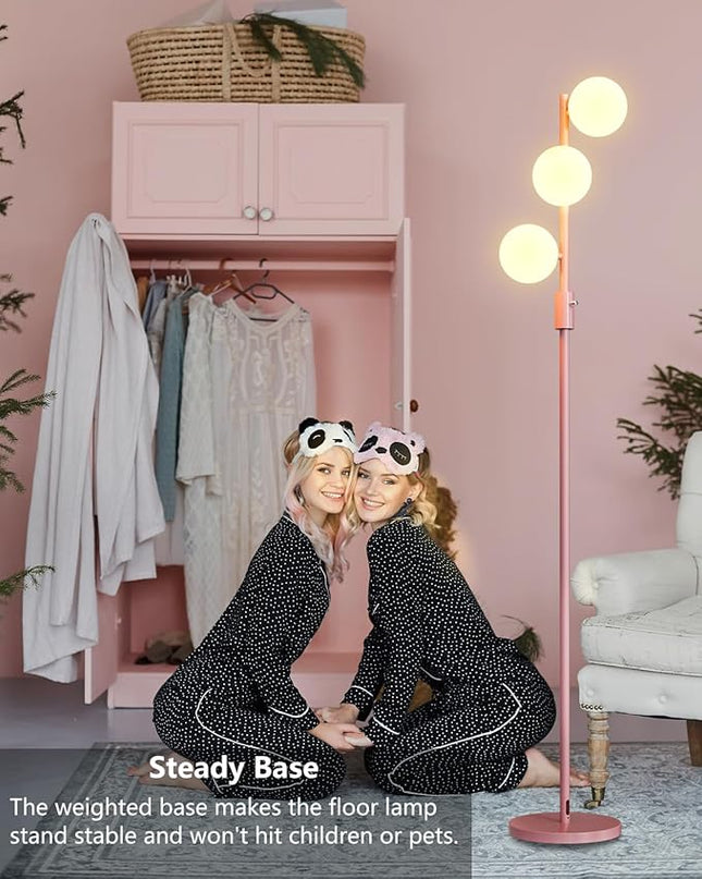 64IN Dimmable Pink Floor Lamp, Tall Standing Lamps with 3 Globe Soft Warm White Eye Care 3000K G9 Bulbs, Mid Century Modern Floor Lamp for Bedroom Office - LeafyLoom