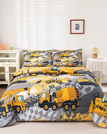 Feelyou Kids Construction Comforter Set Twin Bedding Sets for Boys Toddler Children Cartoon Cars Excavator Tractor Comforter Set Construction Machinery Truck Duvet Set Cars Bed Set with 1 Pillow Case - LeafyLoom