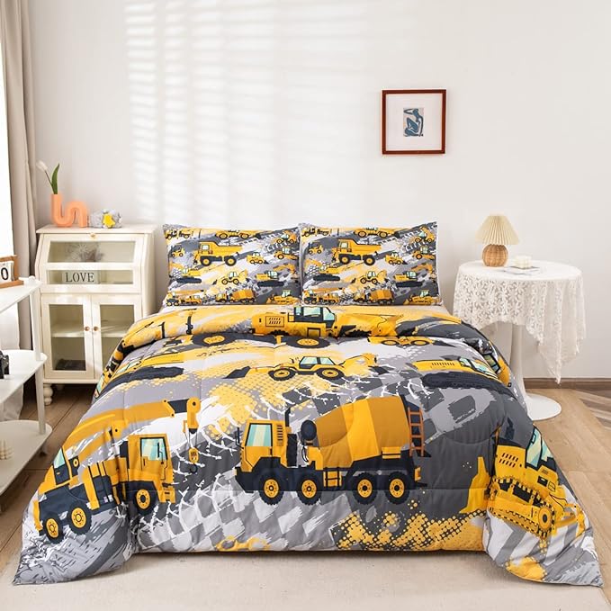 Feelyou Kids Construction Comforter Set Twin Bedding Sets for Boys Toddler Children Cartoon Cars Excavator Tractor Comforter Set Construction Machinery Truck Duvet Set Cars Bed Set with 1 Pillow Case - LeafyLoom