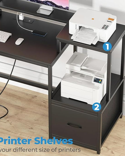 GreenForest 69 inch L Shaped Computer Desk with Drawers and Printer Stand, Gaming Desk with Power Outlet, Monitor Shelf, Storage Shelves and Hooks for Home Office Working, Writing, Studying, Black - LeafyLoom