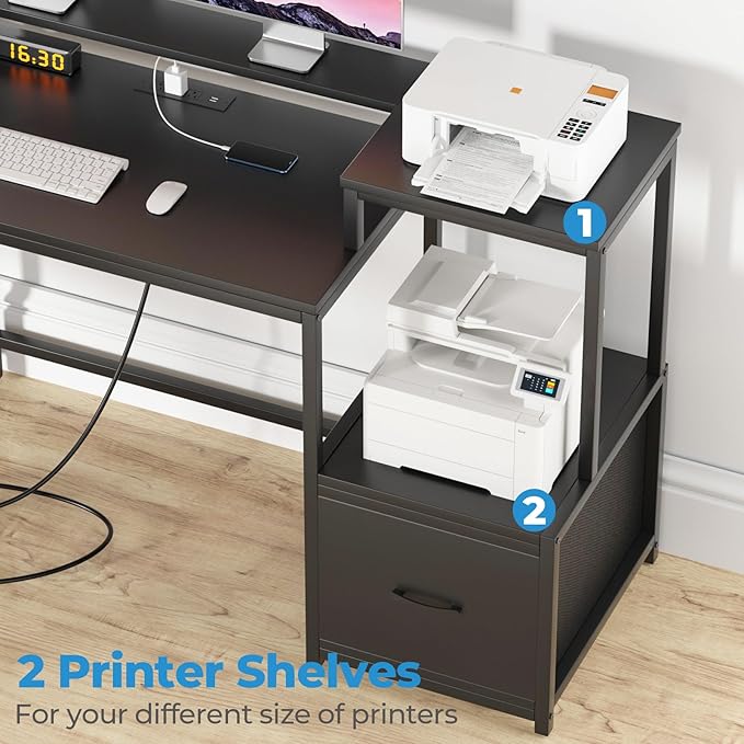 GreenForest 69 inch L Shaped Computer Desk with Drawers and Printer Stand, Gaming Desk with Power Outlet, Monitor Shelf, Storage Shelves and Hooks for Home Office Working, Writing, Studying, Black - LeafyLoom