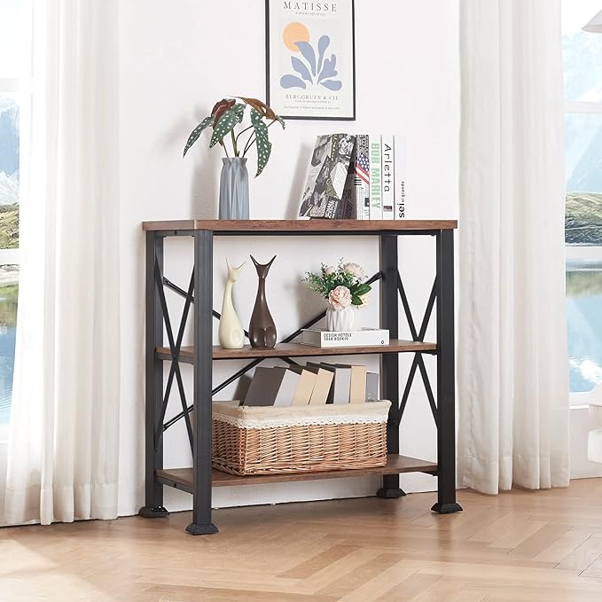 HOMBAZAAR Bookshelf, 3-Tier Industrial Bookshelf, Etagere Bookcases and Bookshelves, Small Bookshelf Storage Organizer, Freestanding Bookshelf for Living Room, Bedroom and Home Office, Brown - LeafyLoom