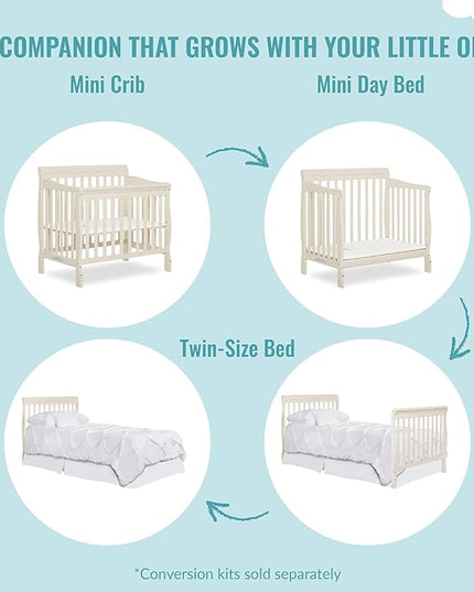 Aden 4-in-1 Convertible Mini Crib In French White, Greenguard Gold Certified, Non-Toxic Finish, New Zealand Pinewood, With 3 Mattress Height Settings - LeafyLoom