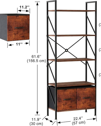 5 Tier Bookshelf Bookcase with 2 Drawer,Tall Book Shelf Display Standing Shelf Units,Wood Book Rack Shelves Storage Organizer for Bedroom Home Office Kitchen Living Room, 22.4 in(Rust Brown,2 Drawers) - LeafyLoom