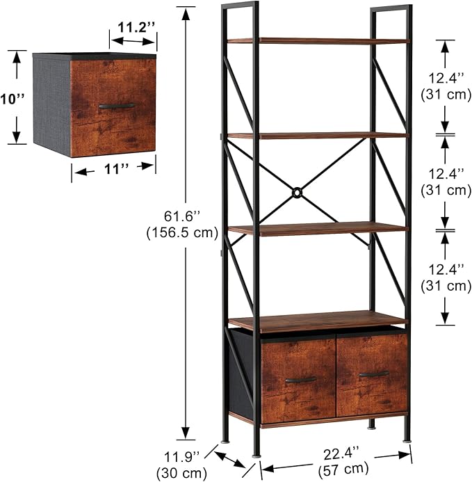 5 Tier Bookshelf Bookcase with 2 Drawer,Tall Book Shelf Display Standing Shelf Units,Wood Book Rack Shelves Storage Organizer for Bedroom Home Office Kitchen Living Room, 22.4 in(Rust Brown,2 Drawers) - LeafyLoom