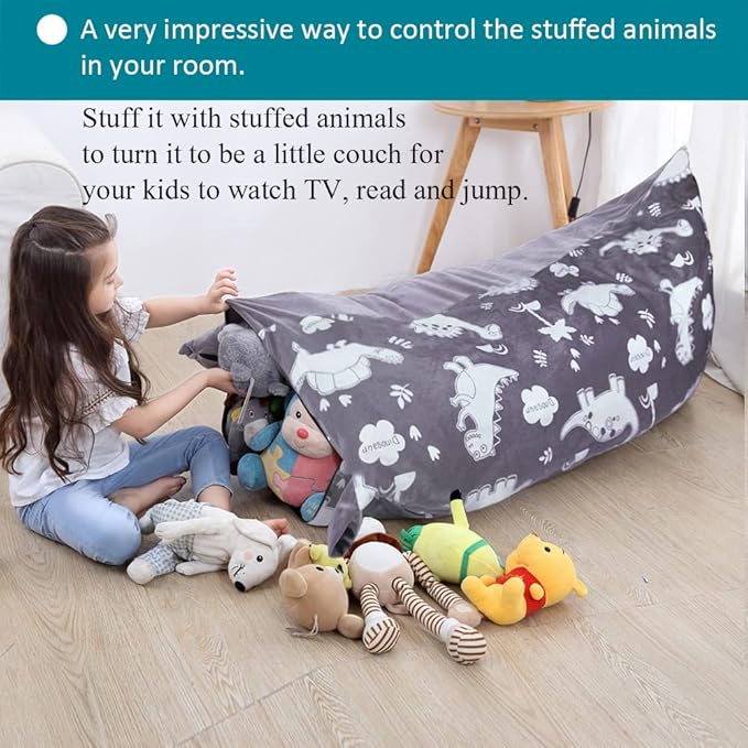 Stuffed Animal Storage Bean Bag Chair Cover, Plush Toys Organizer, Animals Doll Holder, Extra Large Lounger with Handle and Zipper Super Soft for Kids and Teans -Dinosaur Style - LeafyLoom