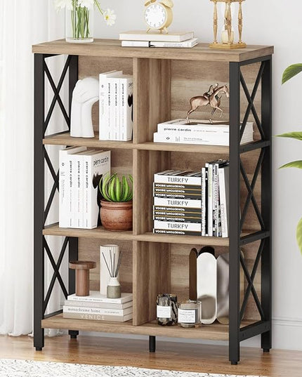 FATORRI Rustic 6 Cube Storage Organizer Shelf, Wood and Metal Cubby Bookcase, Industrial 4 Tier Cube Bookshelf (Rustic Oak) - LeafyLoom