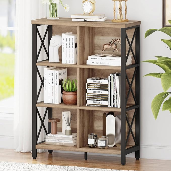 FATORRI Rustic 6 Cube Storage Organizer Shelf, Wood and Metal Cubby Bookcase, Industrial 4 Tier Cube Bookshelf (Rustic Oak) - LeafyLoom