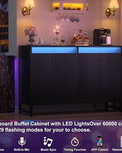 Aheaplus Sideboard Buffet Cabinet with Power Outlet, Kitchen Storage Cabinet with LED Light & Doors, Accent Cabinet Cupboard Buffet Table with Storage for Dining Room, Living Room, Hallway, Black - LeafyLoom
