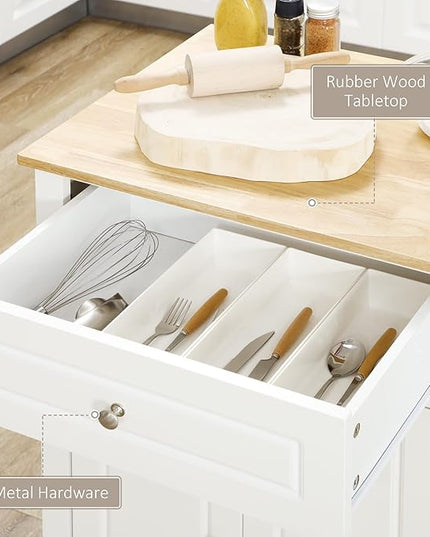 HOMCOM Rolling Kitchen Island Cart, Portable Serving Trolley Table with Drawer, Adjustable Shelf and 2 Towel Racks, Cream White - LeafyLoom