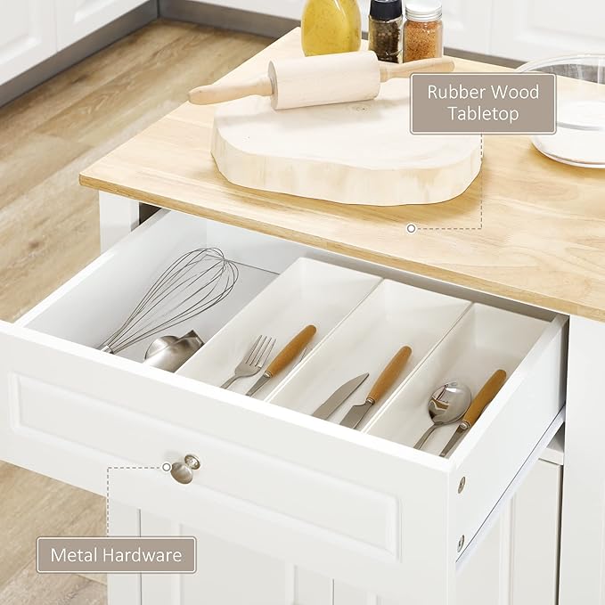 HOMCOM Rolling Kitchen Island Cart, Portable Serving Trolley Table with Drawer, Adjustable Shelf and 2 Towel Racks, Cream White - LeafyLoom