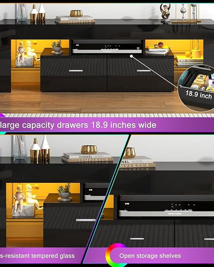 HOUAGI LED TV Stand for 50/55/60/65/70 Inch TVs,Modern Entertainment Center with Storage Drawer and Glass shelf, TV Console Table for Living room,Bedroom,Black - LeafyLoom