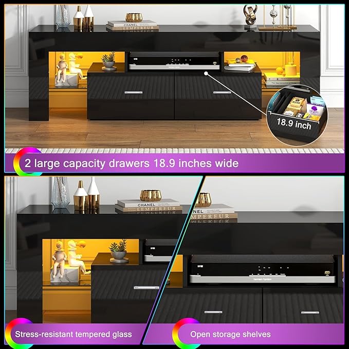 HOUAGI LED TV Stand for 50/55/60/65/70 Inch TVs,Modern Entertainment Center with Storage Drawer and Glass shelf, TV Console Table for Living room,Bedroom,Black - LeafyLoom
