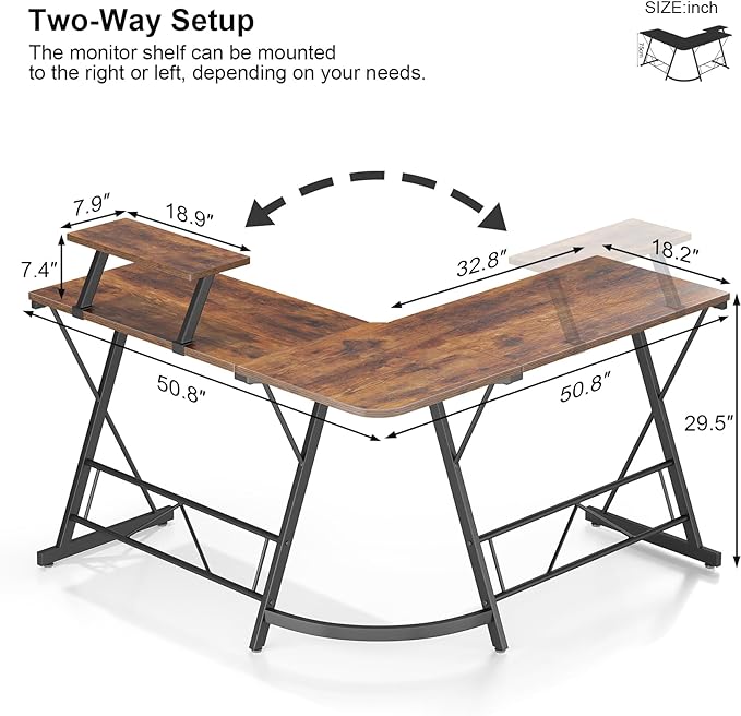 Mr IRONSTONE L Shaped Computer Desk: Corner Desk, Home Office Desk, Gaming Writing Workstation with Large Monitor Stand, Easy to Assemble (Rustic Brown,51 Inch) - LeafyLoom