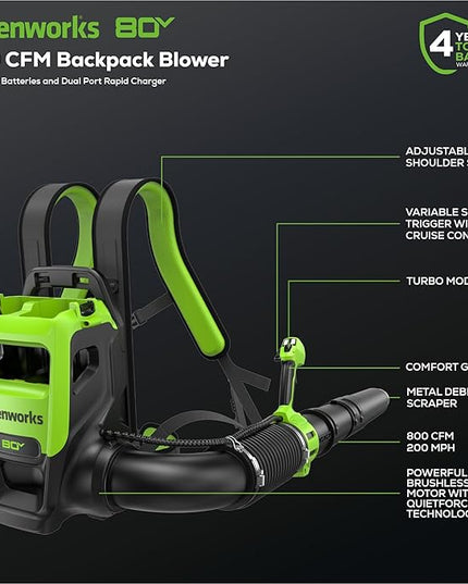 Greenworks 80V (800 CFM) Dual Port Backpack Blower with (2) 5.0 Ah Batteries, Dual Port Rapid Charger - LeafyLoom