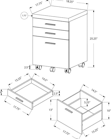 Monarch Specialties 7403, Rolling Mobile, Storage, Printer Stand, Office, Work, Laminate, Black, Grey, Contemporary, Modern Filing Cabinet-3 Drawer Castors, 18.25" L x 17.75" W x 25.25" H - LeafyLoom