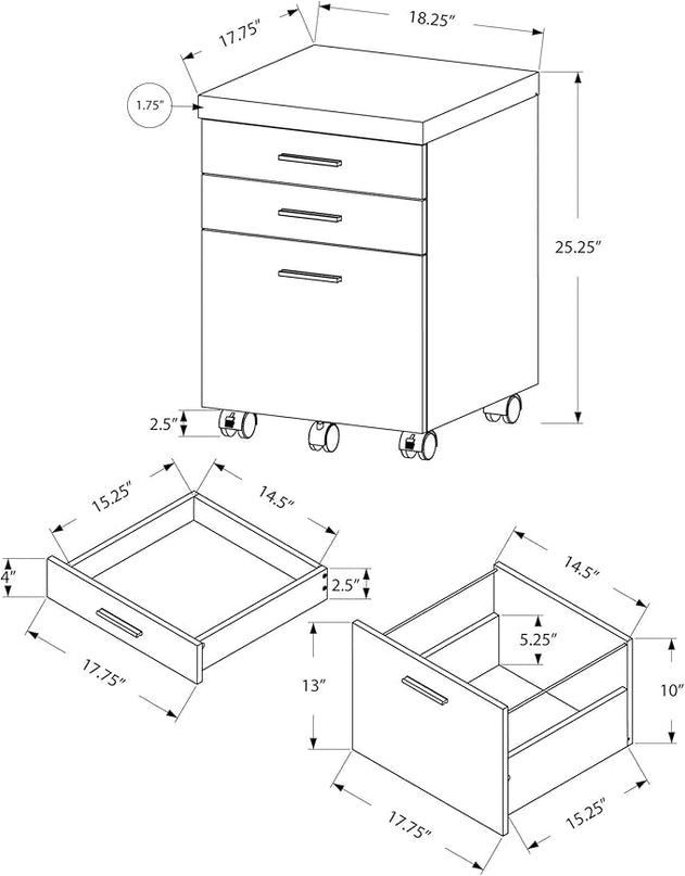 Monarch Specialties 7403, Rolling Mobile, Storage, Printer Stand, Office, Work, Laminate, Black, Grey, Contemporary, Modern Filing Cabinet-3 Drawer Castors, 18.25" L x 17.75" W x 25.25" H - LeafyLoom