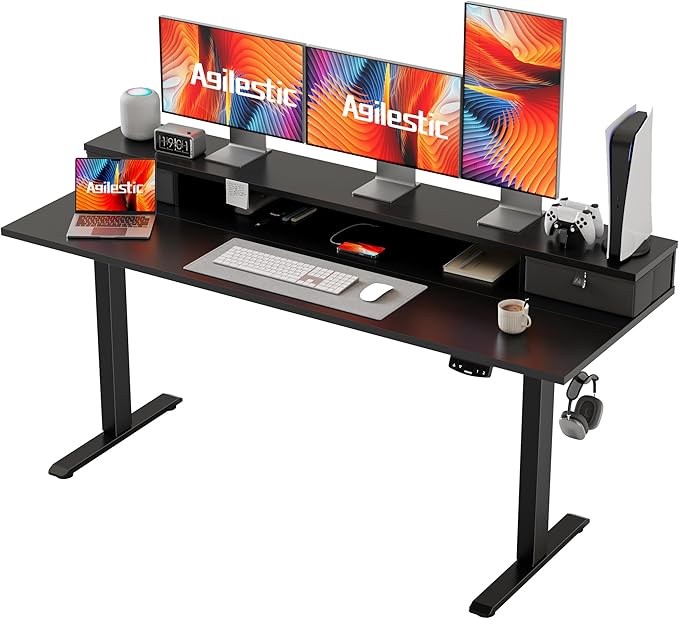 63 x 24 Inches Electric Standing Desk with 2 Storage Drawers, Stand Up Desk Adjustable Height, Sit and Stand Computer Table with Splice Board, Black - LeafyLoom