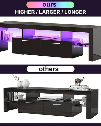 Clikuutory Modern LED 71 inch long TV Stand with Storage Drawer for 50 55 60 65 70 75 80 Inch TVs, Black Wood TV Console with High Glossy Entertainment Center for Gaming, Living Room, Bedroom - LeafyLoom