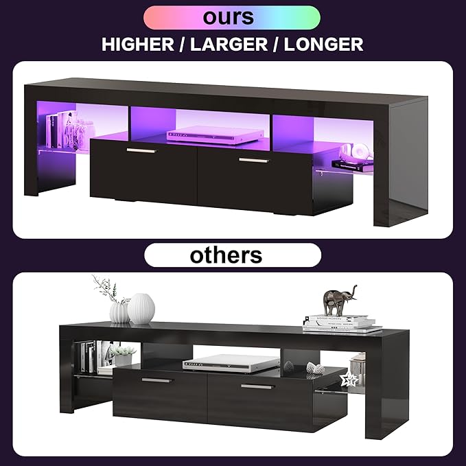Clikuutory Modern LED 71 inch long TV Stand with Storage Drawer for 50 55 60 65 70 75 80 Inch TVs, Black Wood TV Console with High Glossy Entertainment Center for Gaming, Living Room, Bedroom - LeafyLoom