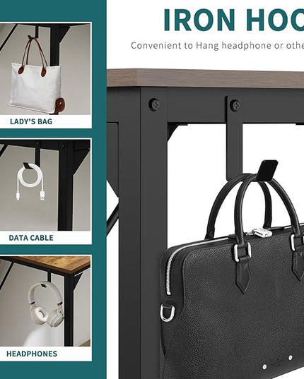 SMUG Computer Desk 48 Inch Home Office Writing Wood Storage Bag & Headphone Hook Simple Bedroom 2 Person Work Study Kids Table, Rustic Brown - LeafyLoom