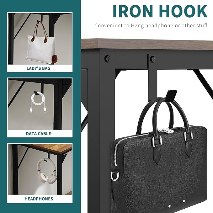 SMUG Computer Desk 48 Inch Home Office Writing Wood Storage Bag & Headphone Hook Simple Bedroom 2 Person Work Study Kids Table, Rustic Brown - LeafyLoom